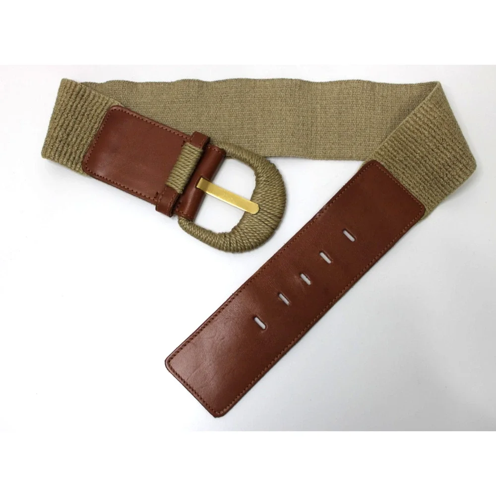 Vintage 90s First Issue USA Wide Stretch Belt Size M Brown Raffia Buckle Boho